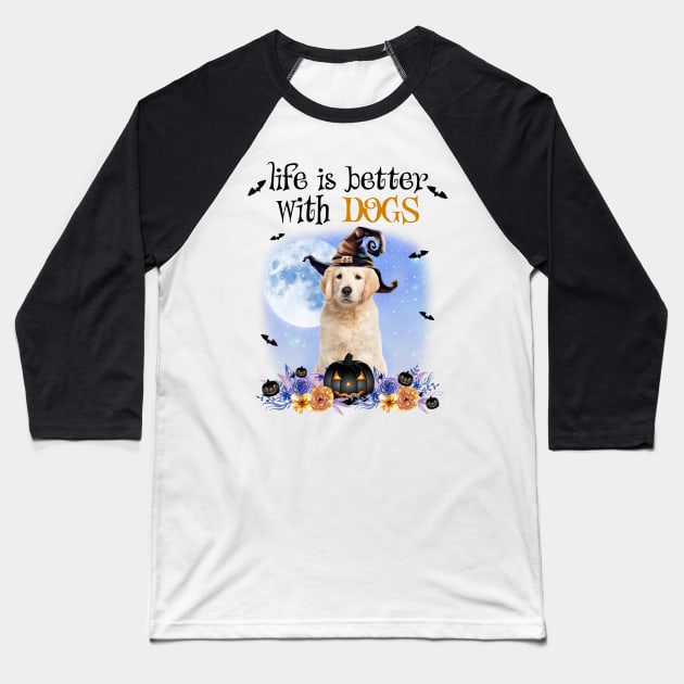 Golden Retriever Witch Hat Life Is Better With Dogs Halloween Baseball T-Shirt by Marcelo Nimtz